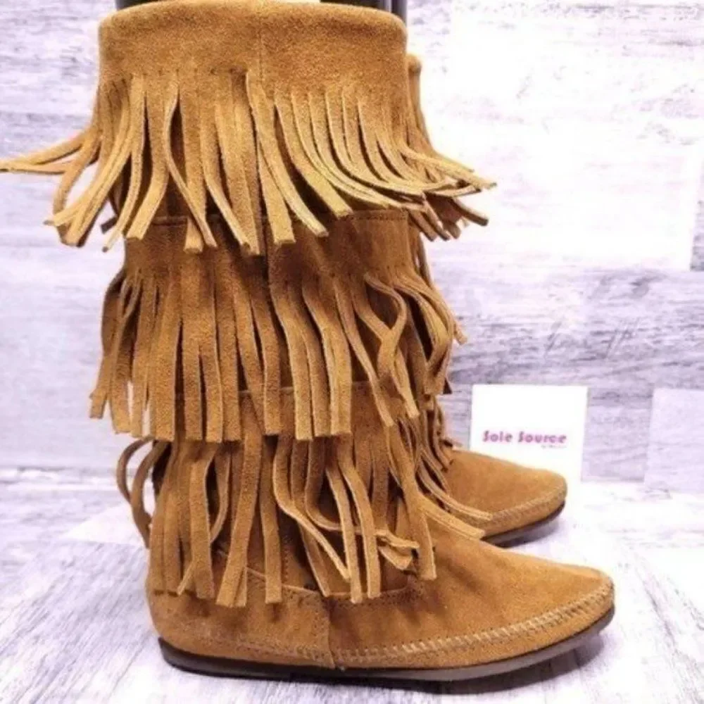 Minnetonka Suede 3 Layer Fringe Tall Moccasin Boot Brown Women's sz 6 - Picture 4 of 8